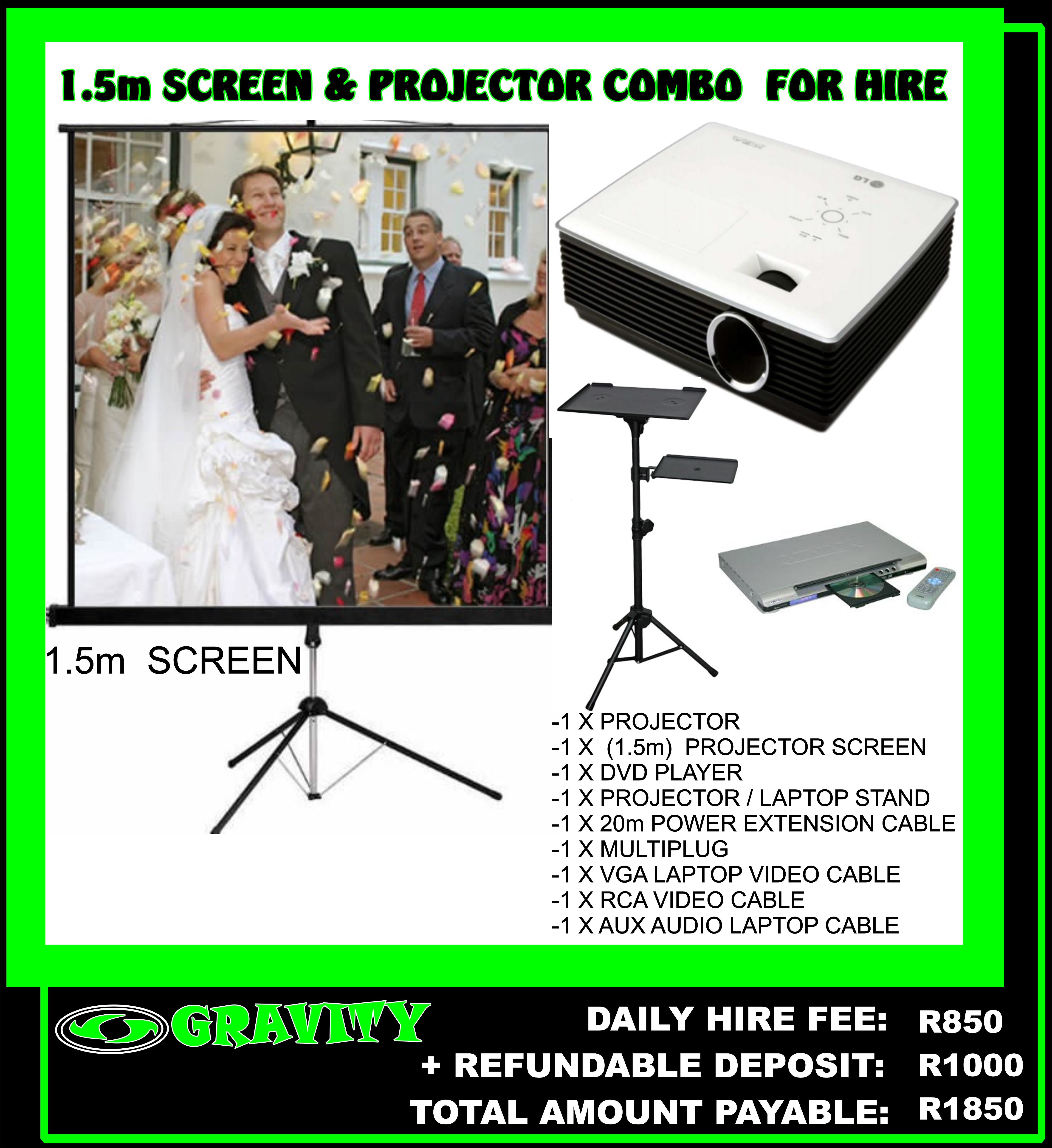PROJECTOR AND 1.5m SCREEN FOR HIRE IN DURBAN IDEAL FOR A SLIDE SHOW FOR A WEDDING BIRTHDAY DEATH CEREMONY CONFERENCE SHOW EVENTS PROJECTS AND SCREEN DAY HIRE ONLY AT GRAVITY SOUND AND LIGHTING WAREHOUSE DURBAN 0315072736 PROJECTOR LAPTOP POWERPOINT PRESENTATIONS ONTO A BIG SCREEN NOW AVAILABLE AT GRAVITY DJ STORE ON A DAILY HIRE FEE 0315072463